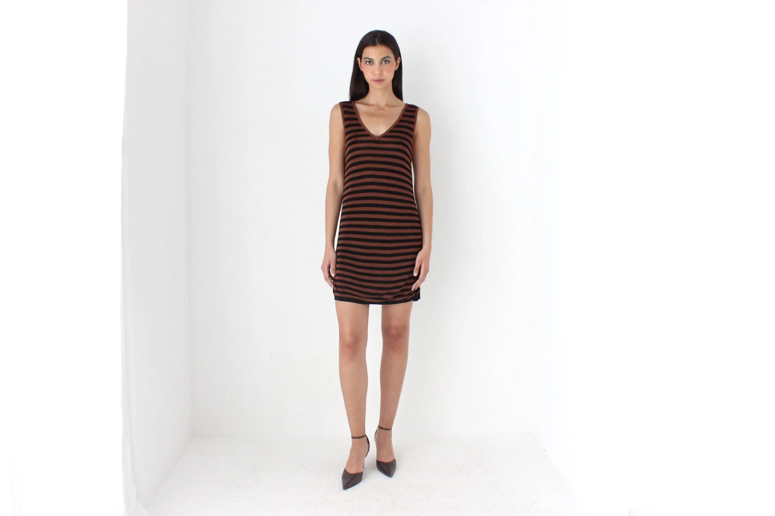 2000s Chocolate & Black Striped Knit V Neck Mini