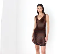 2000s Chocolate & Black Striped Knit V Neck Mini
