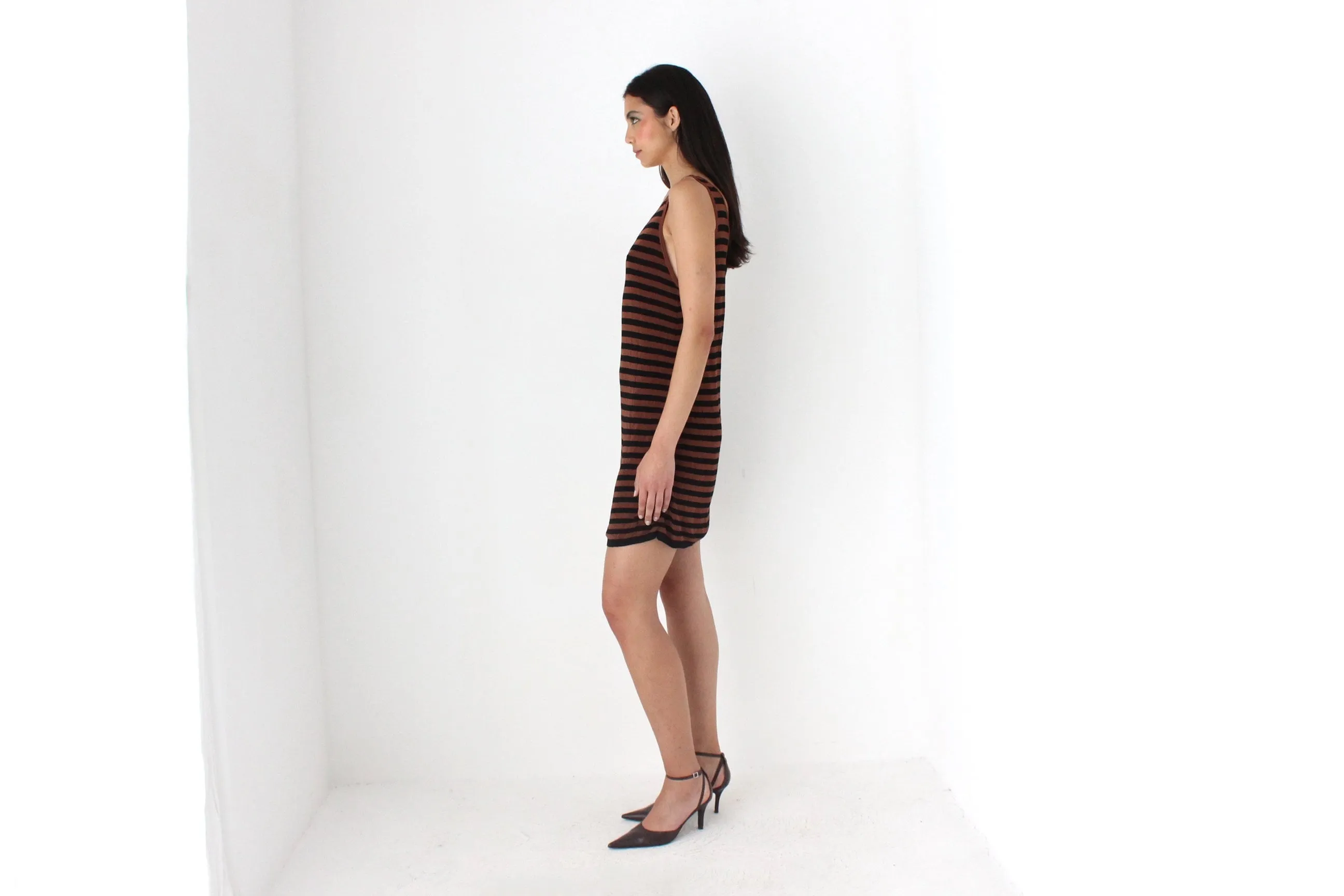 2000s Chocolate & Black Striped Knit V Neck Mini