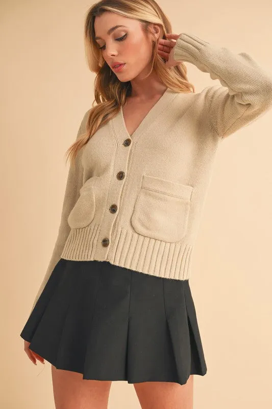 Aemi   Co Ribbed Hem Button Down V-Neck Cardigan