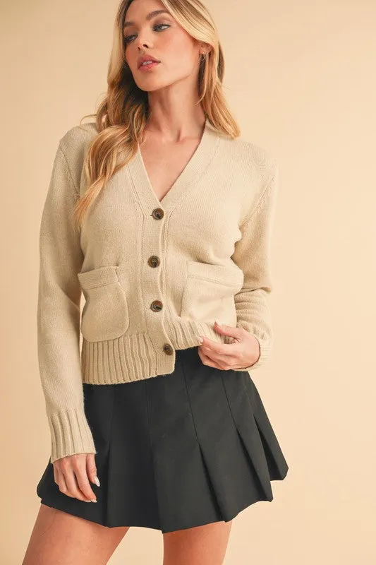 Aemi   Co Ribbed Hem Button Down V-Neck Cardigan
