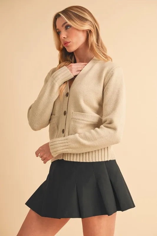 Aemi   Co Ribbed Hem Button Down V-Neck Cardigan