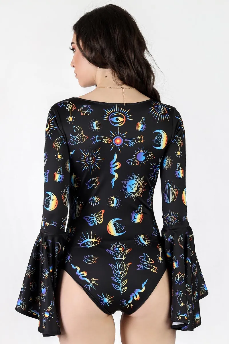 Alchemist's Illusion Tie Front Bell Sleeve Bodysuit