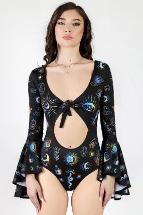 Alchemist's Illusion Tie Front Bell Sleeve Bodysuit
