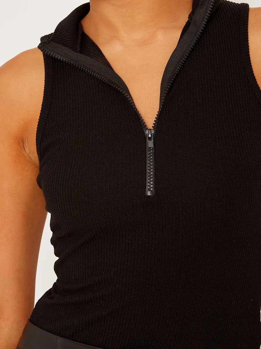 Aubrey Zip Detail Ribbed Bodysuit In Black