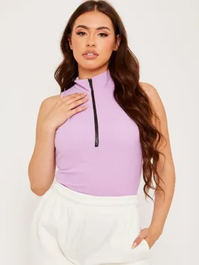 Aubrey Zip Detail Ribbed Bodysuit In Lilac