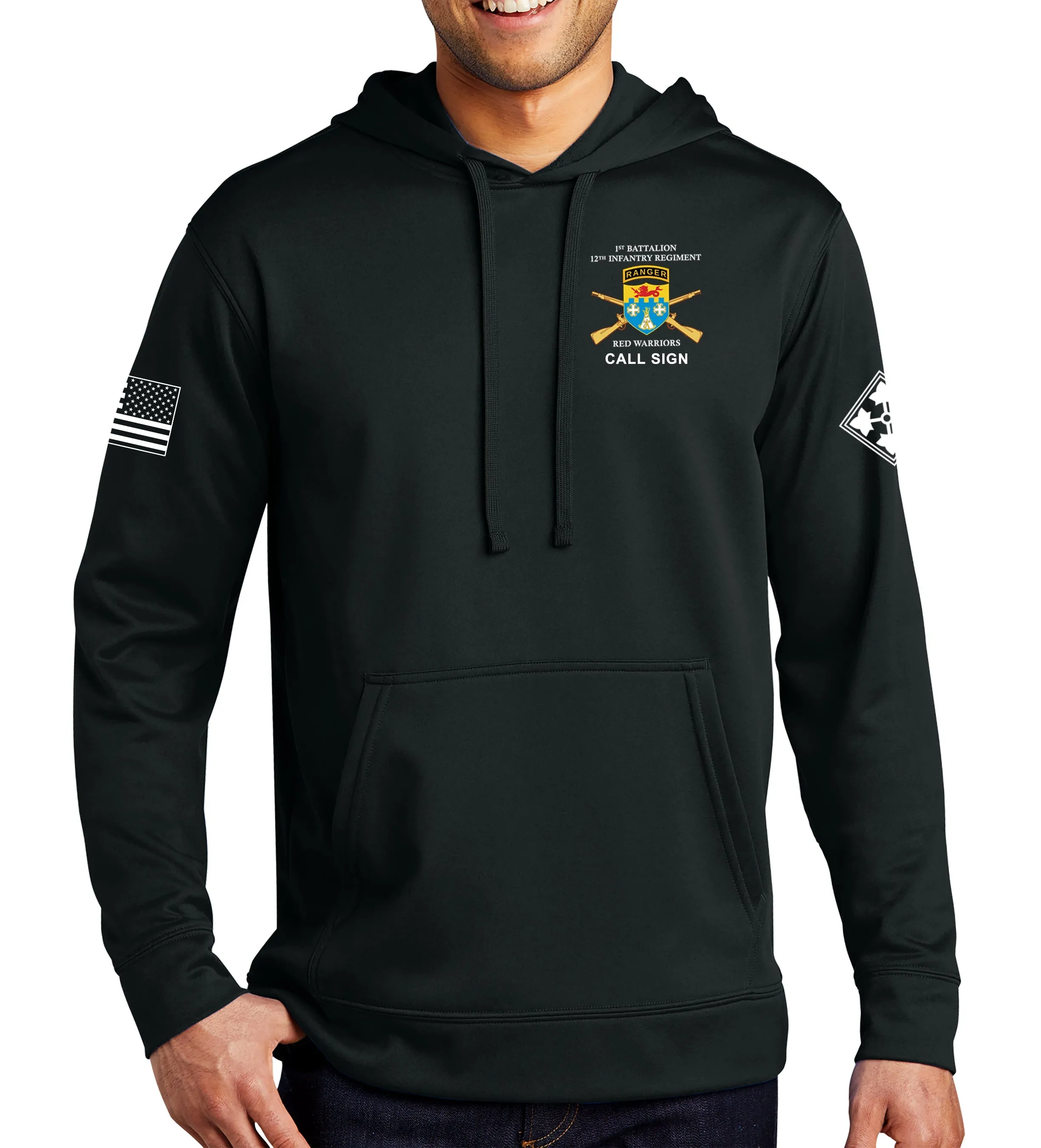 B Co Performance Hoodie Black on Black Sweatshirt. (This material is lighter than the 50-50) This sweatshirt is NOT approved for PT.