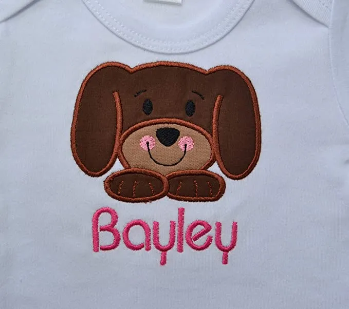 Baby Girl Embroidered Puppy Dog Bodysuit and Matching Bow Hat