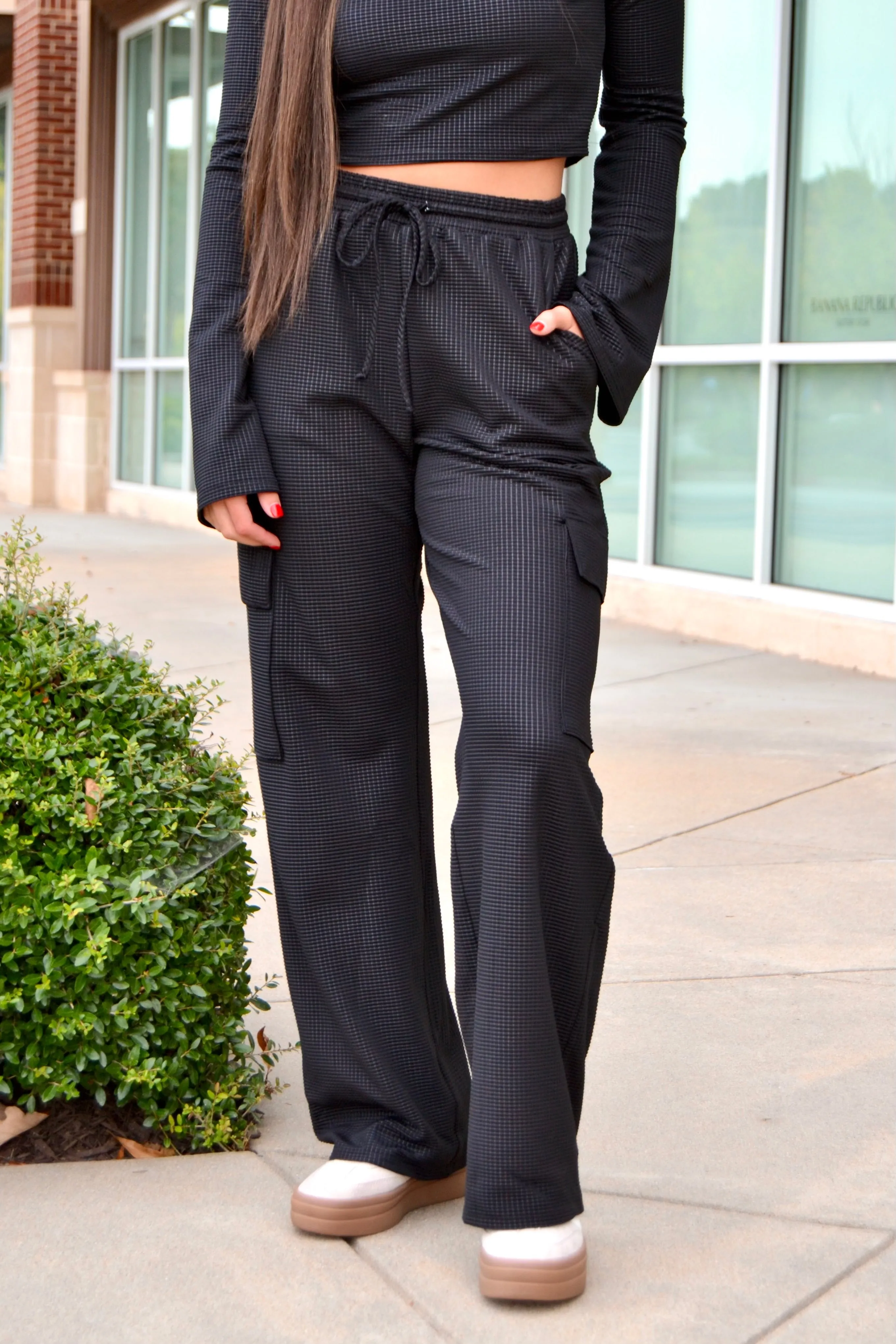 Black drawstring cargo pants
