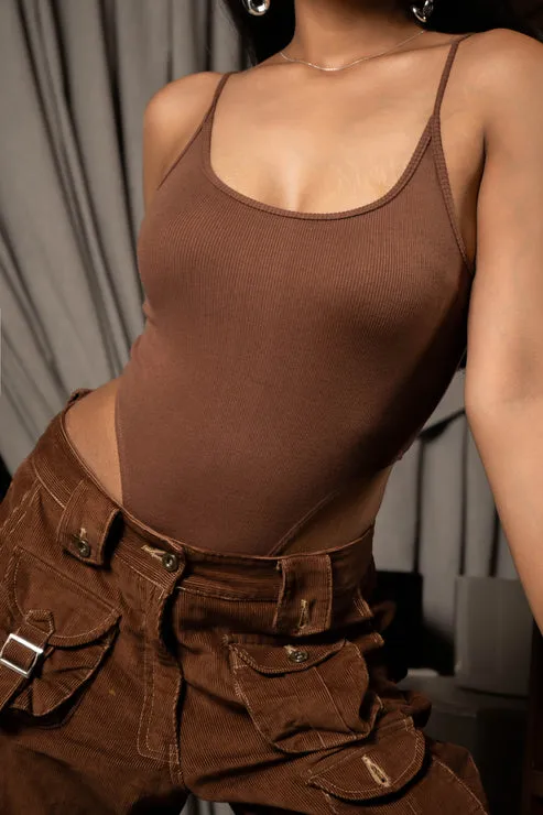 Brown Solid Ribbed High Cut Bodysuit