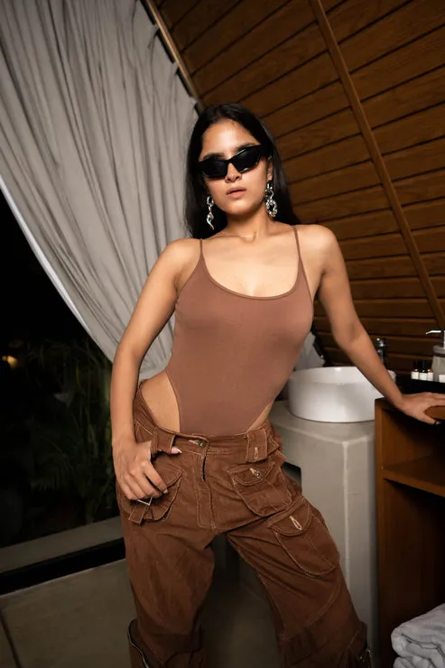 Brown Solid Ribbed High Cut Bodysuit