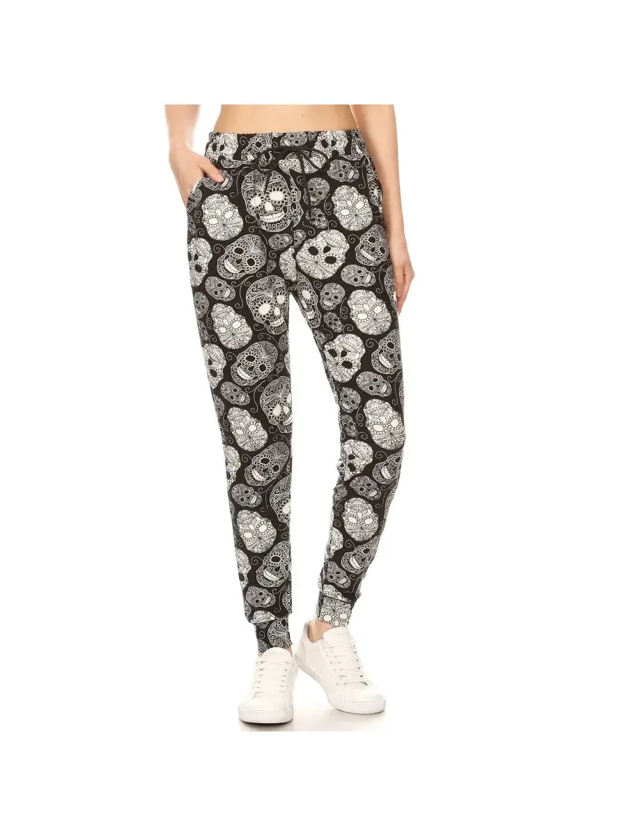 Buttery Soft Black and White Skull Print Joggers with Drawstring