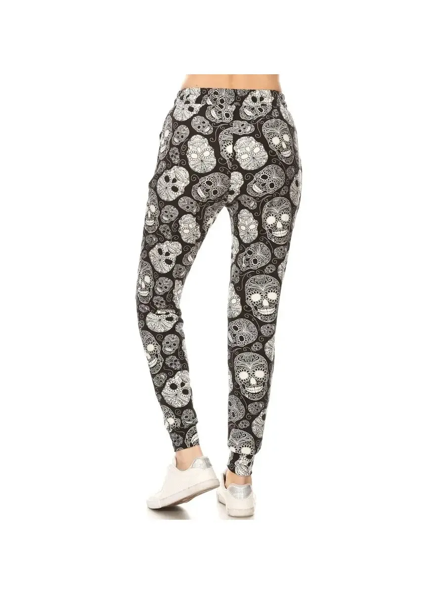Buttery Soft Black and White Skull Print Joggers with Drawstring