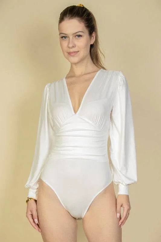 Capella Casual Sexy Plunge Neck Peasant Long Sleeve Bodysuit