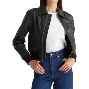 Cropped Black Leather Ladies Bomber Jacket