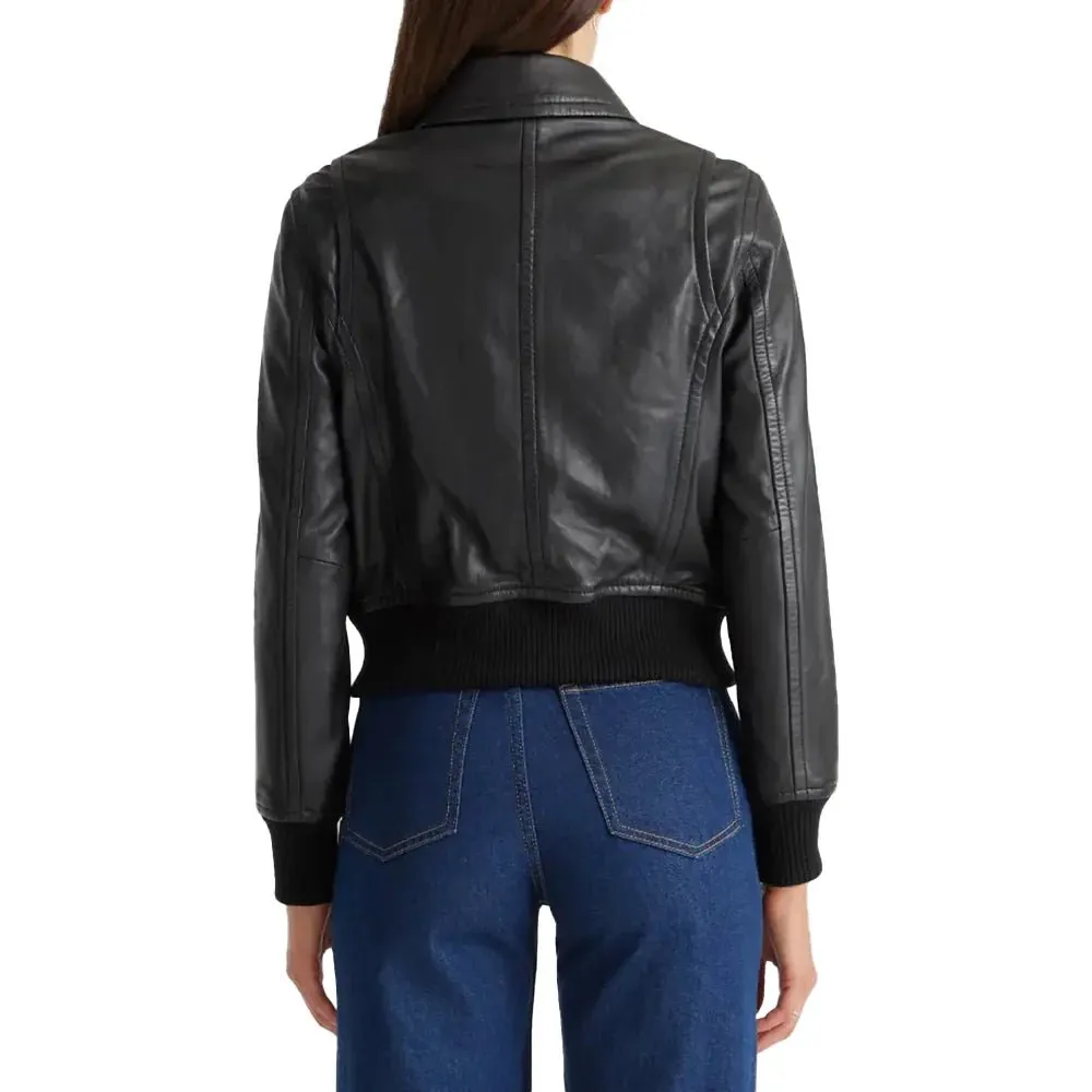 Cropped Black Leather Ladies Bomber Jacket