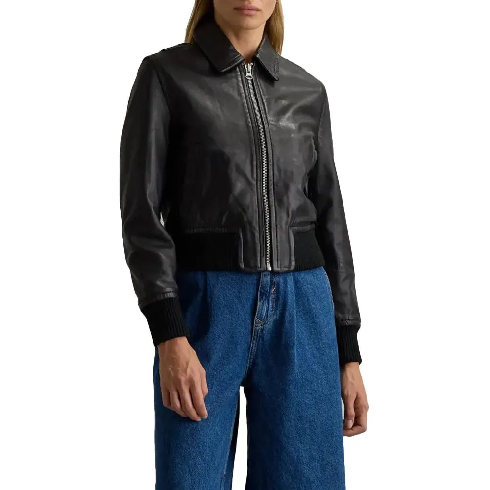 Cropped Black Leather Ladies Bomber Jacket