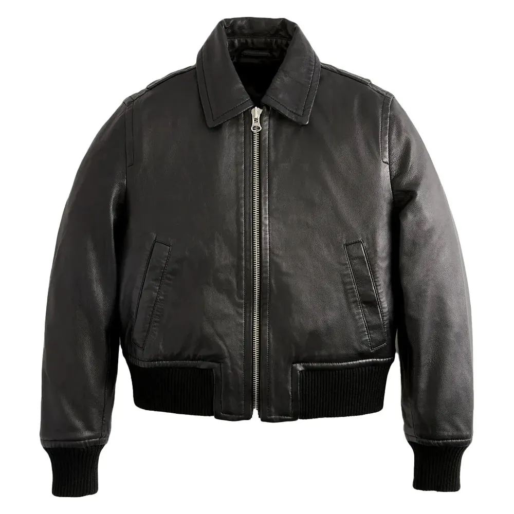 Cropped Black Leather Ladies Bomber Jacket