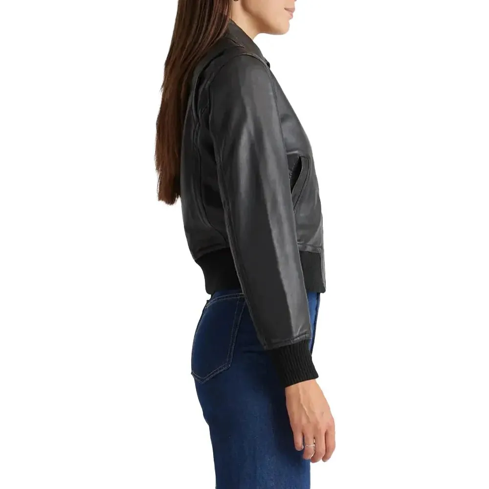 Cropped Black Leather Ladies Bomber Jacket