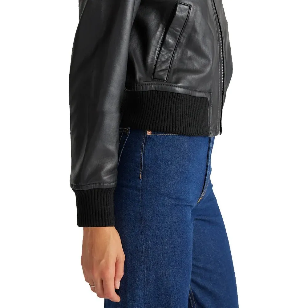 Cropped Black Leather Ladies Bomber Jacket