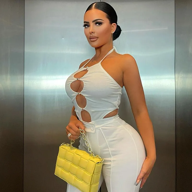Crystal Button Halter Bodysuit