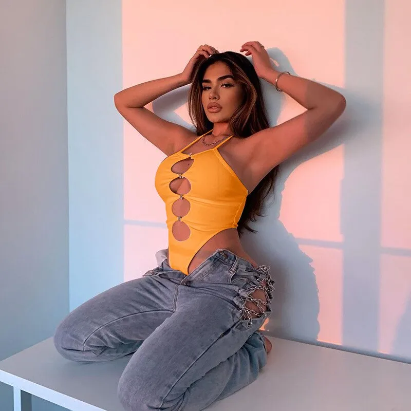 Crystal Button Halter Bodysuit