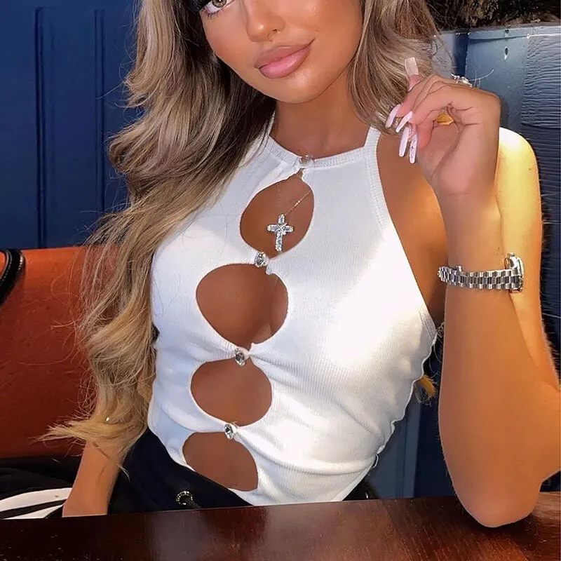 Crystal Button Halter Bodysuit