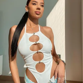 Crystal Button Halter Bodysuit