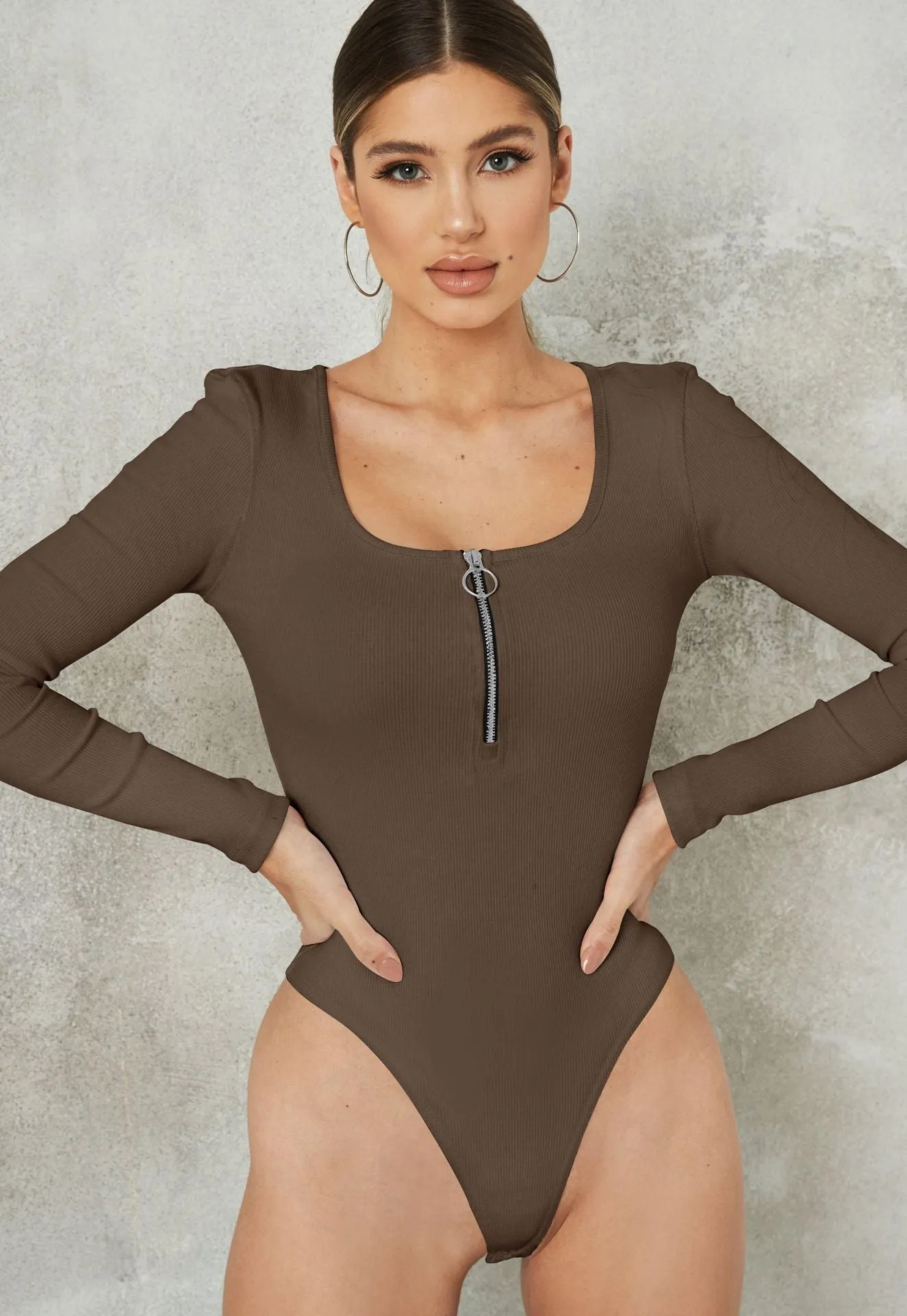 Deep V Neck Long Sleeve Bodysuit Front Zipper Black