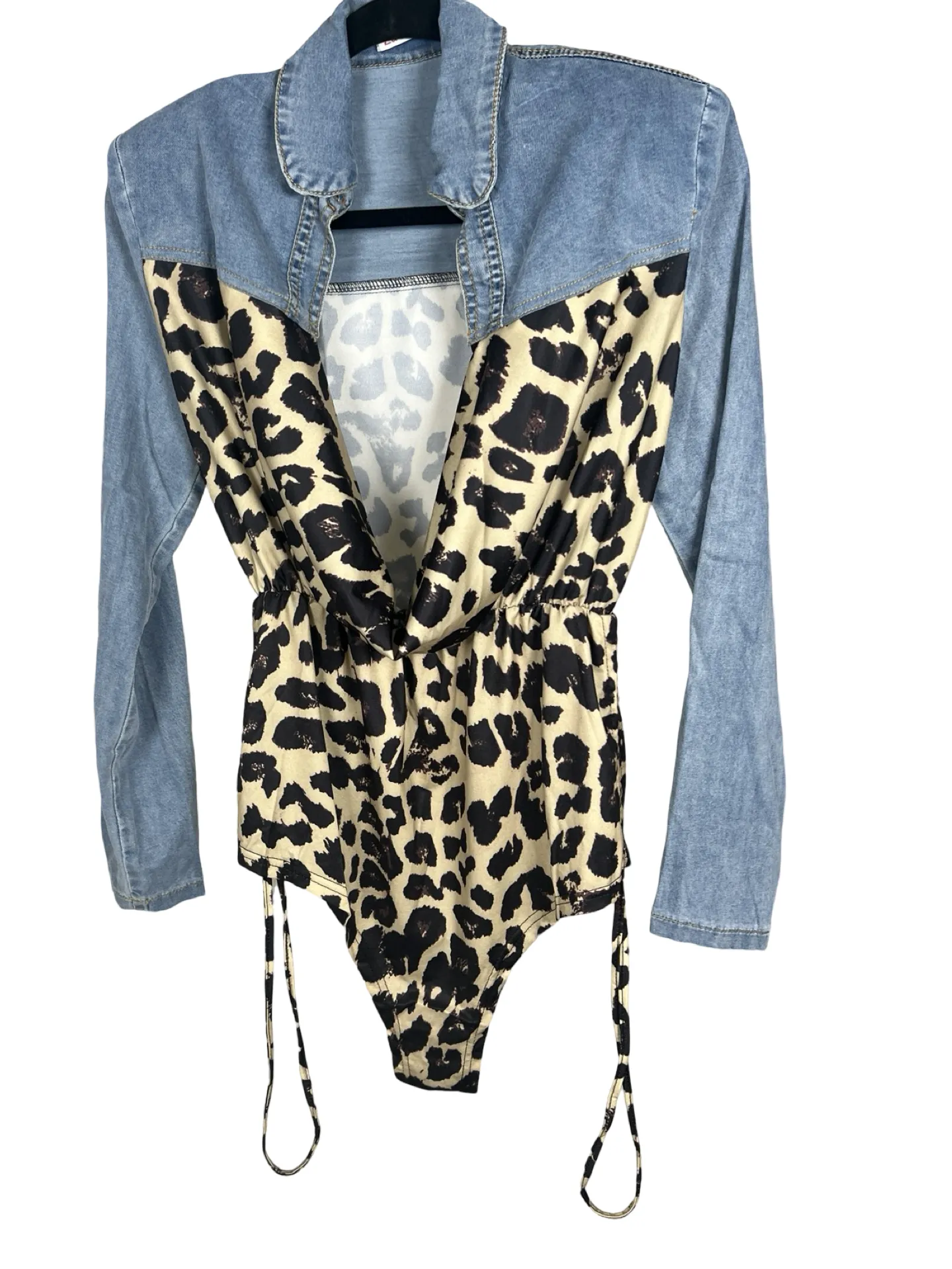 Denim Leopard Print Contrast Bodysuit