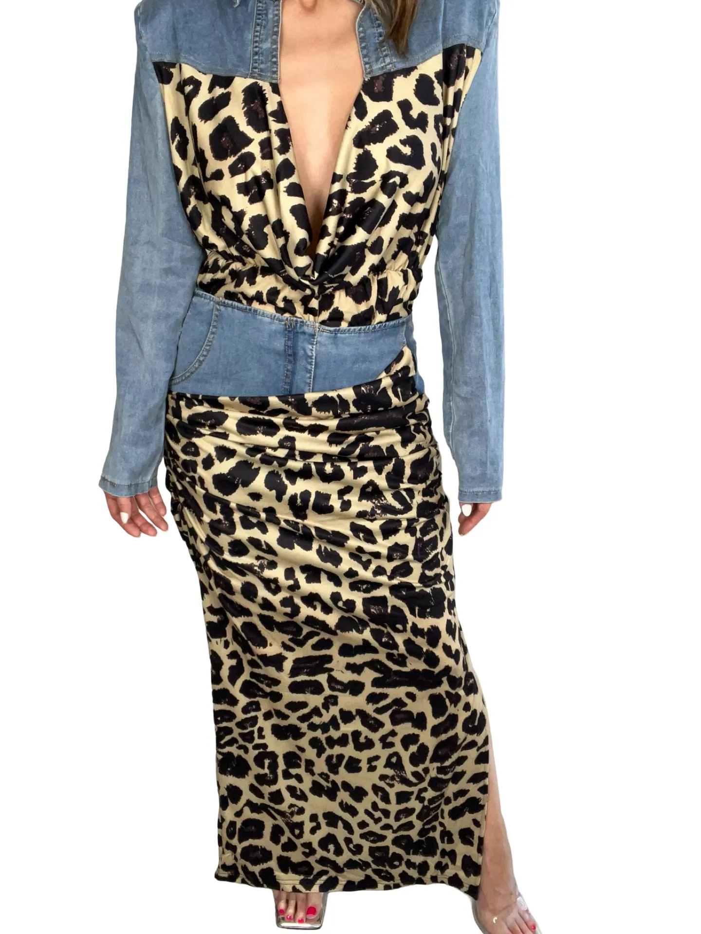 Denim Leopard Print Contrast Bodysuit