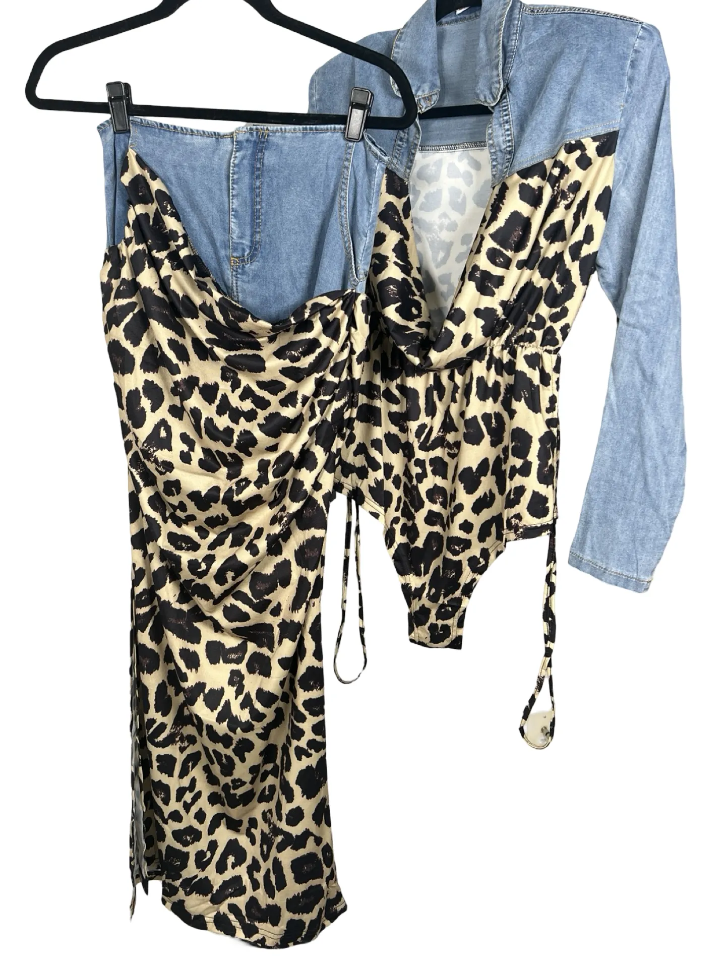 Denim Leopard Print Contrast Bodysuit