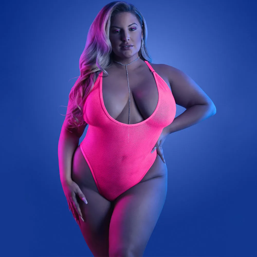 Fantasy Lingerie Glow Electric Haze Plunging Net Thong Teddy - Curvy