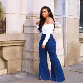 Flare Wide Leg High Waist Loose Blue Pants