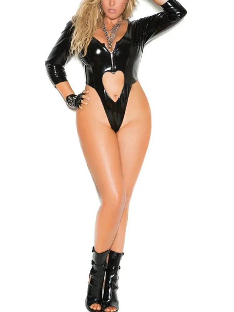 Frauen sexy Leder Bikini plus Größe Bodys herzförmige hohle Bodycon Mini Spiel anzüge Overalls Pu Lack leder benutzer definierte neu