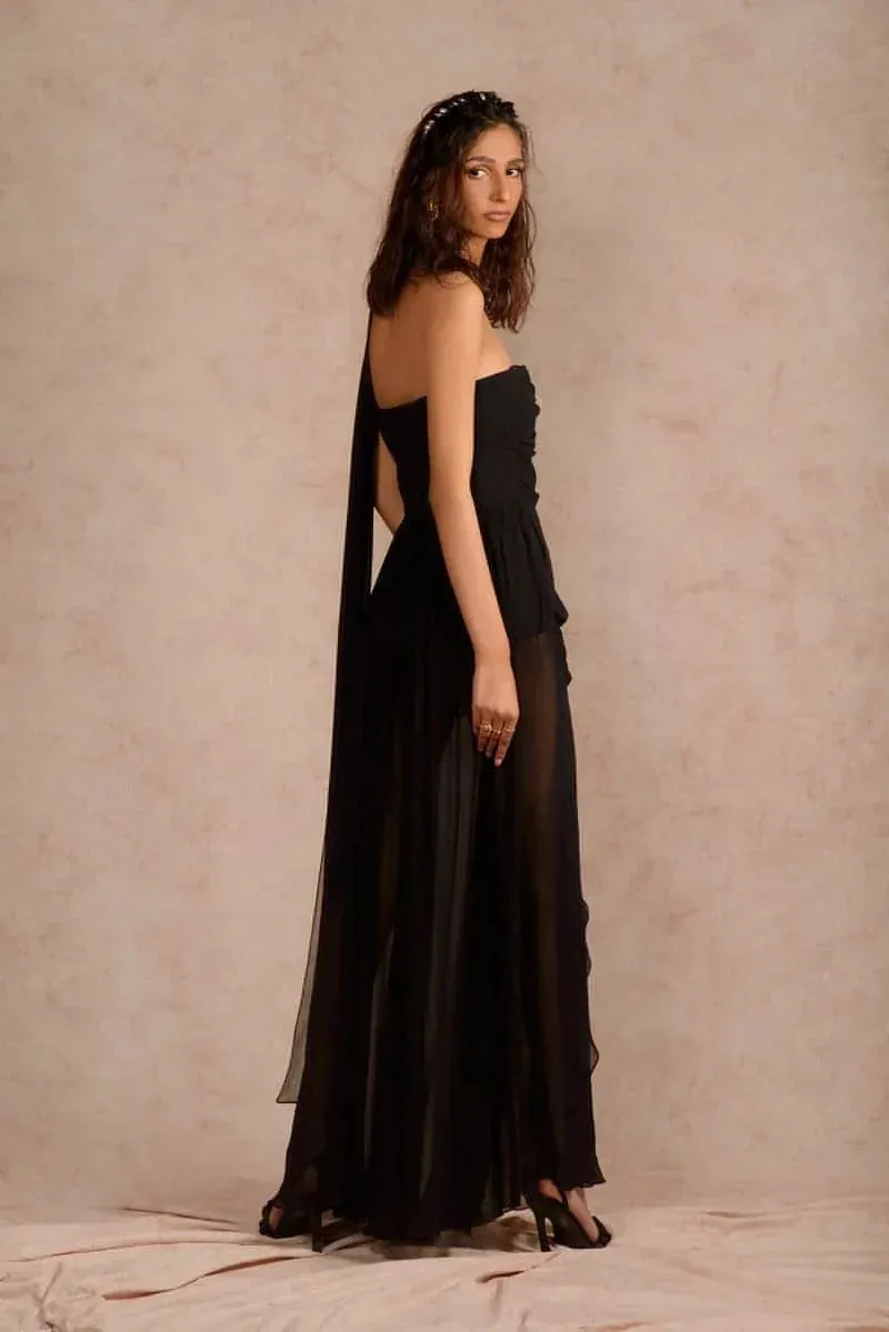 Georgette draped maxi dress in black