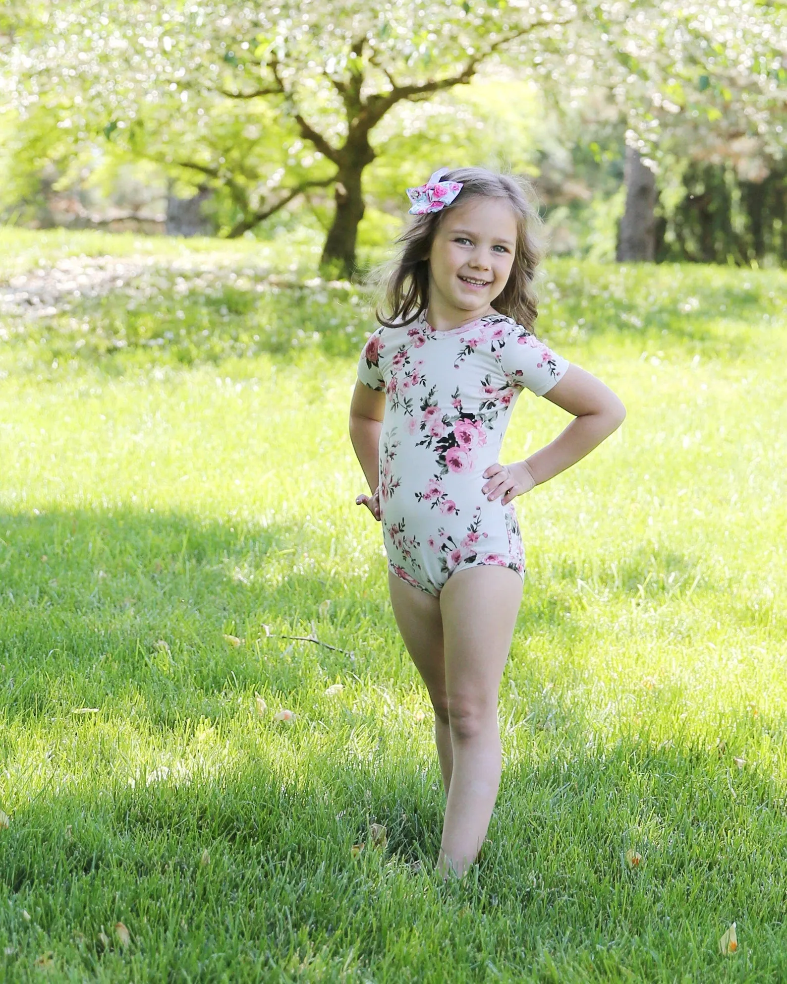 Girls Floral Ivory and Pink Leotard