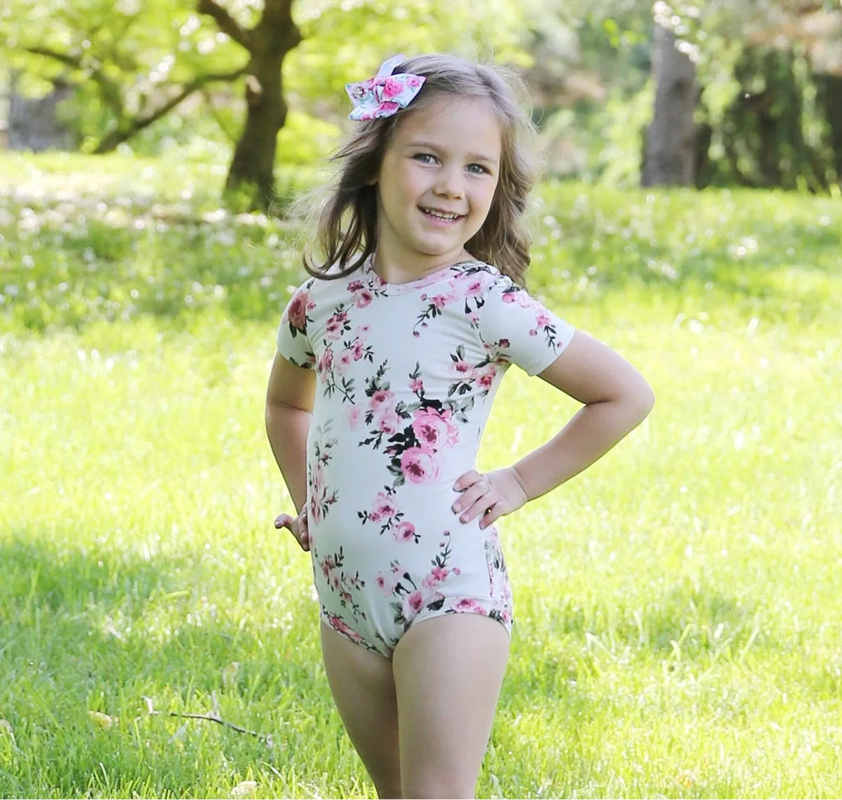 Girls Floral Ivory and Pink Leotard