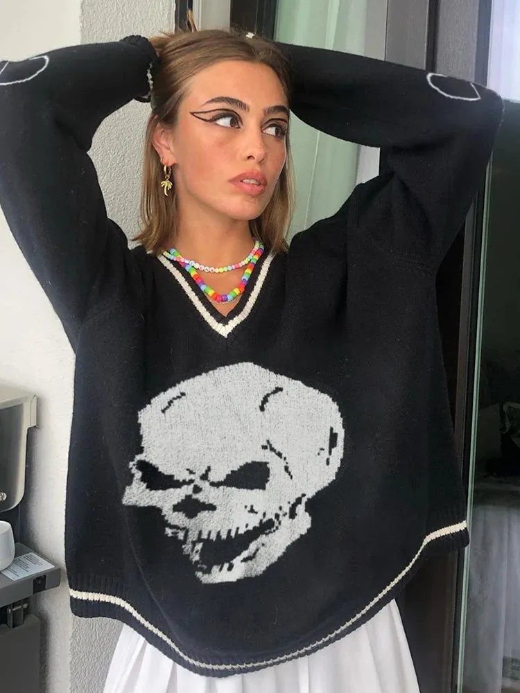 Harajuku Skull Print Y2K Loose Autumn Winter Sweater Women Pullovers Casual Knitwear Jumpers Korean Sweaters New