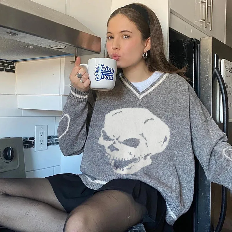 Harajuku Skull Print Y2K Loose Autumn Winter Sweater Women Pullovers Casual Knitwear Jumpers Korean Sweaters New