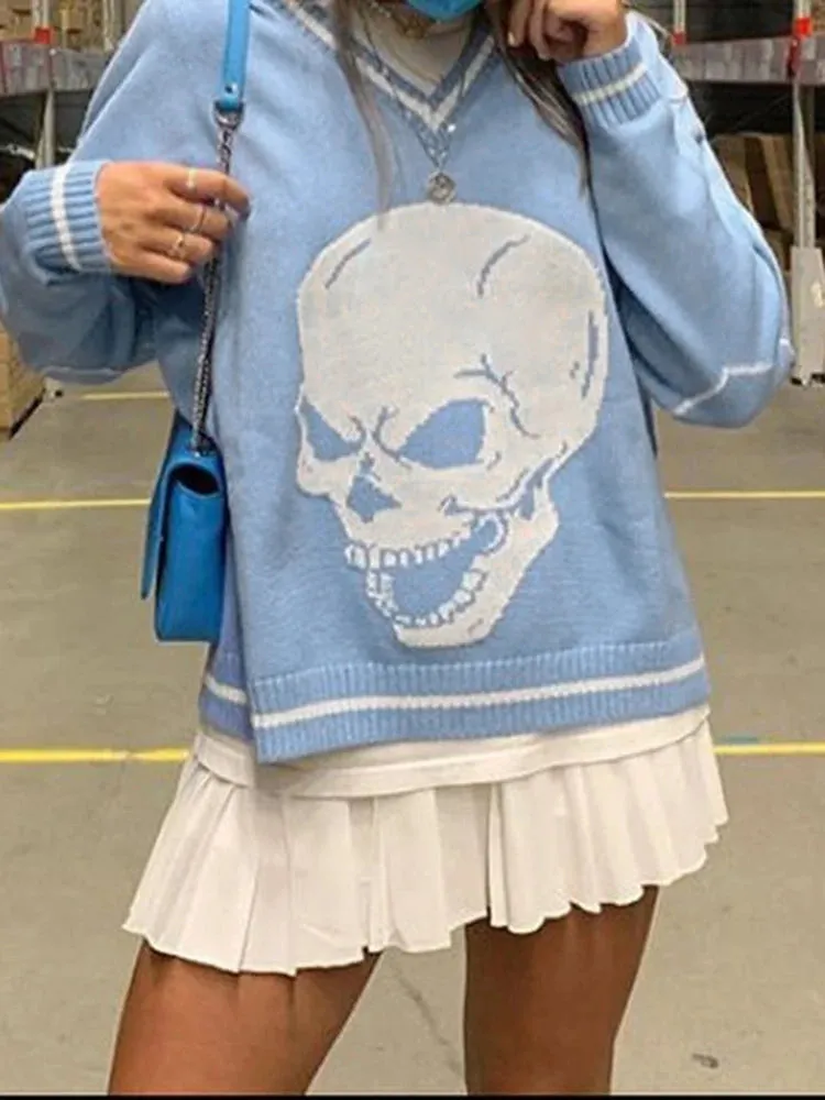Harajuku Skull Print Y2K Loose Autumn Winter Sweater Women Pullovers Casual Knitwear Jumpers Korean Sweaters New
