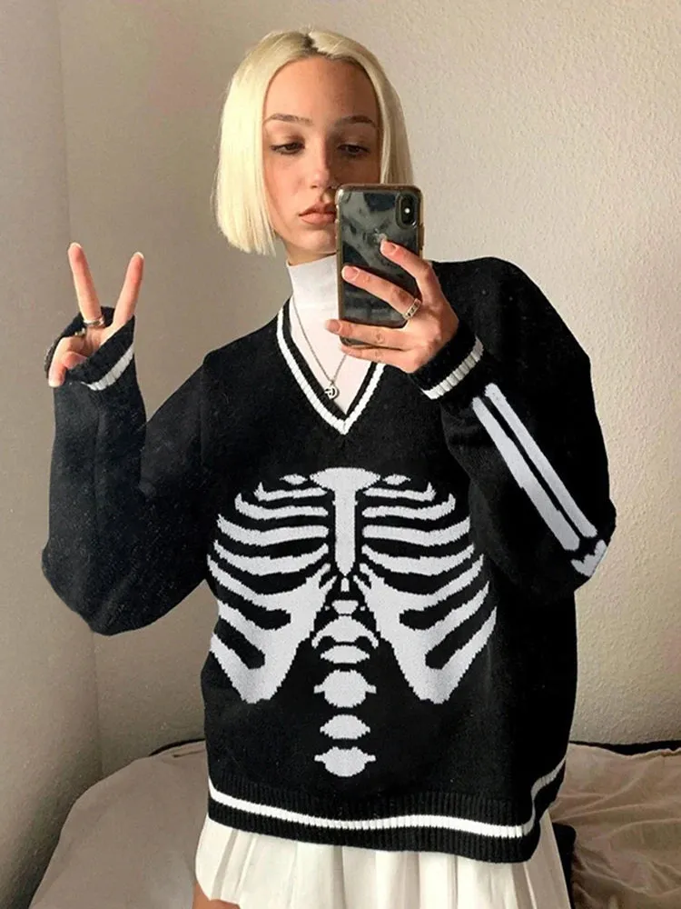 Harajuku Skull Print Y2K Loose Autumn Winter Sweater Women Pullovers Casual Knitwear Jumpers Korean Sweaters New