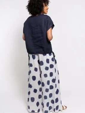 High Waist Linen Palazzo Pants - White Polka Dot