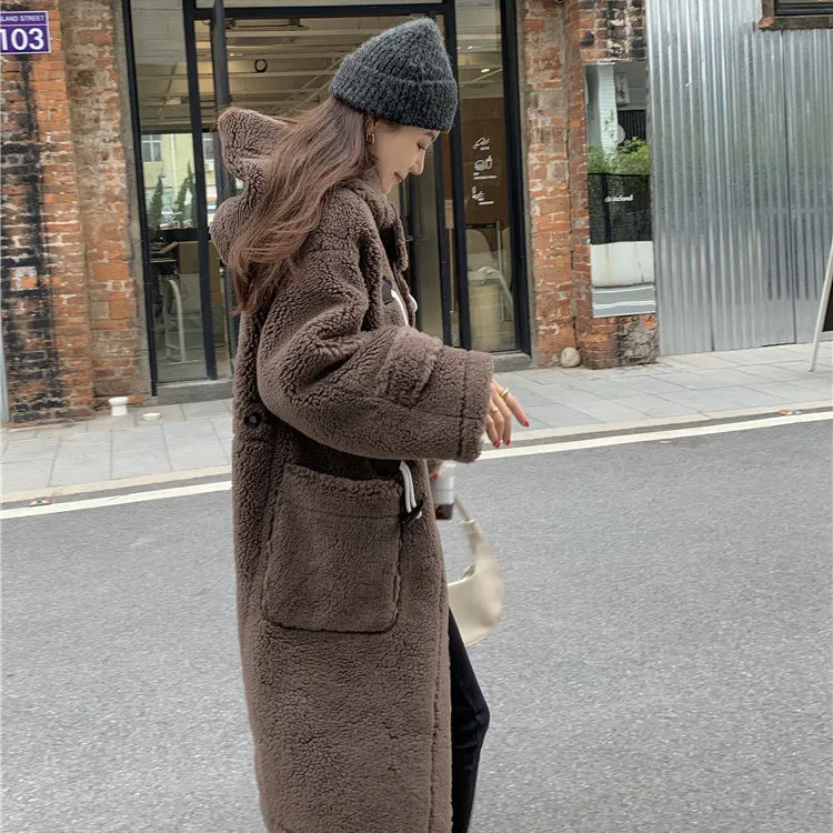 Horn Button Hooded Faux Sherpa Shearling Long Coat