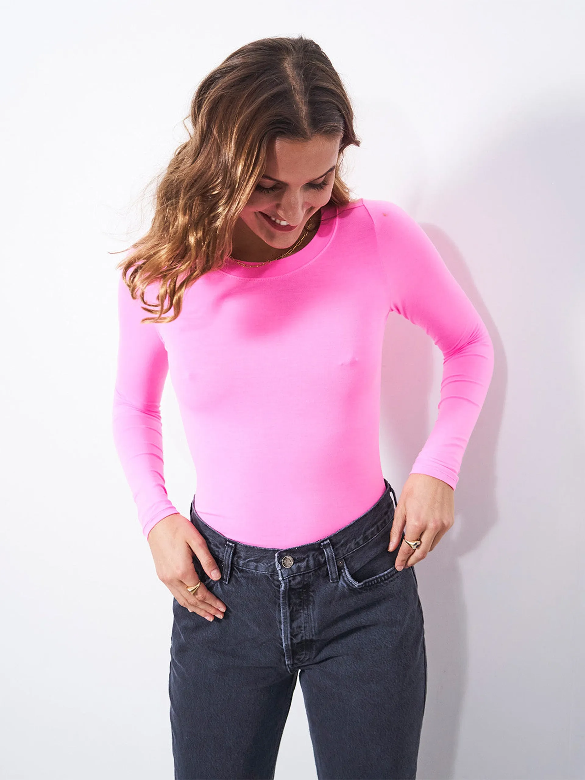 Hot pink long sleeved bodysuit