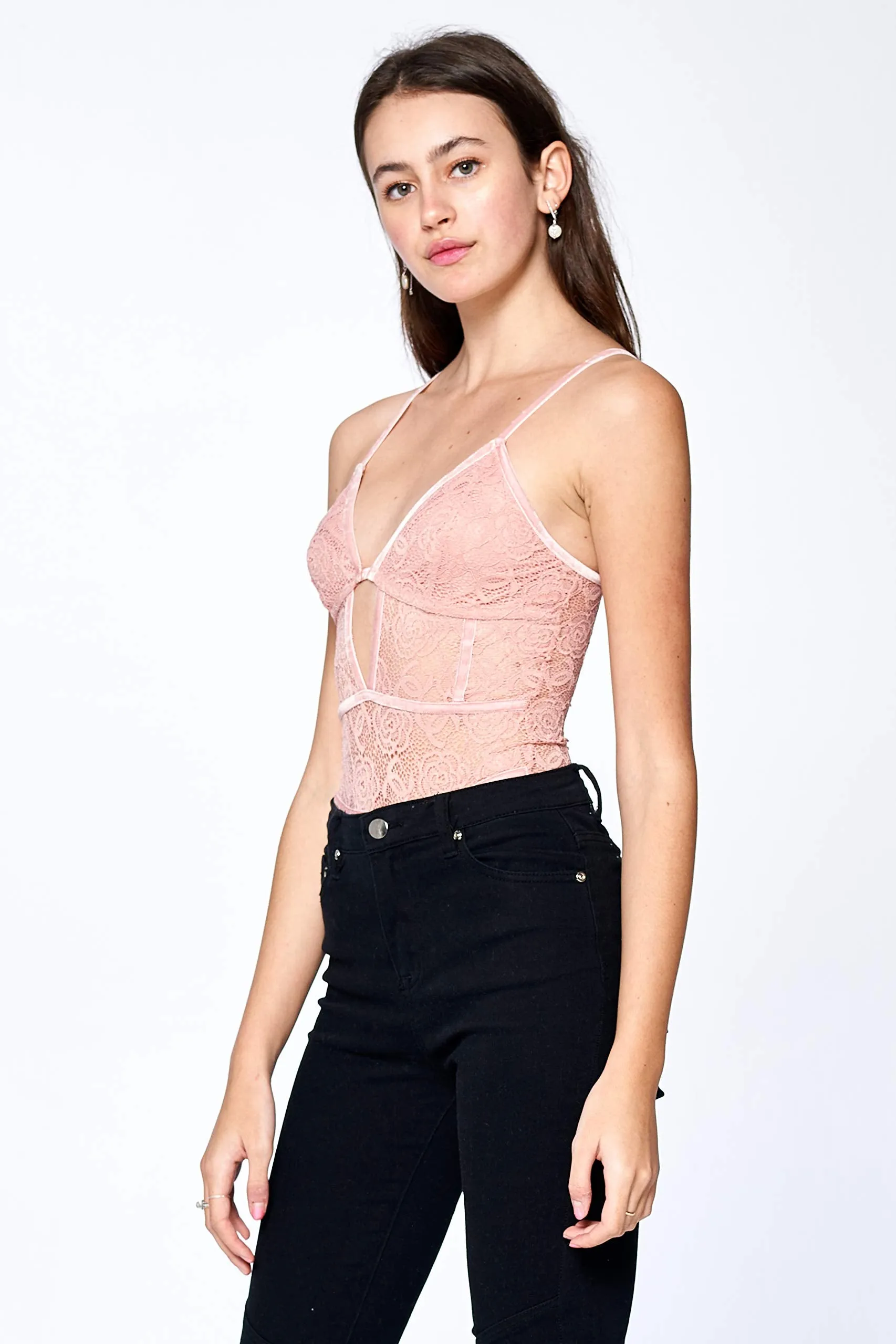 Khanomak Women's Paneled Lace Sheer Cami One Size Stretch Bodysuit