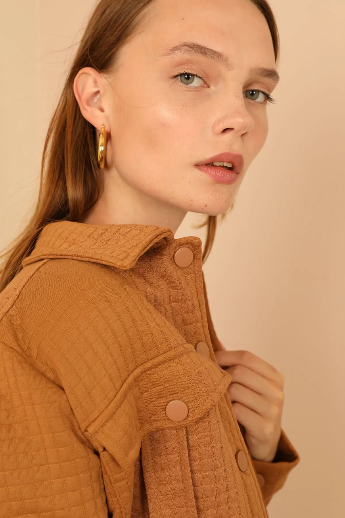 KKT Quilted Fabric Long Sleeve Shirt Collar Short Full Fit Button Up Women Jacket - Light Brown - North Brunswick