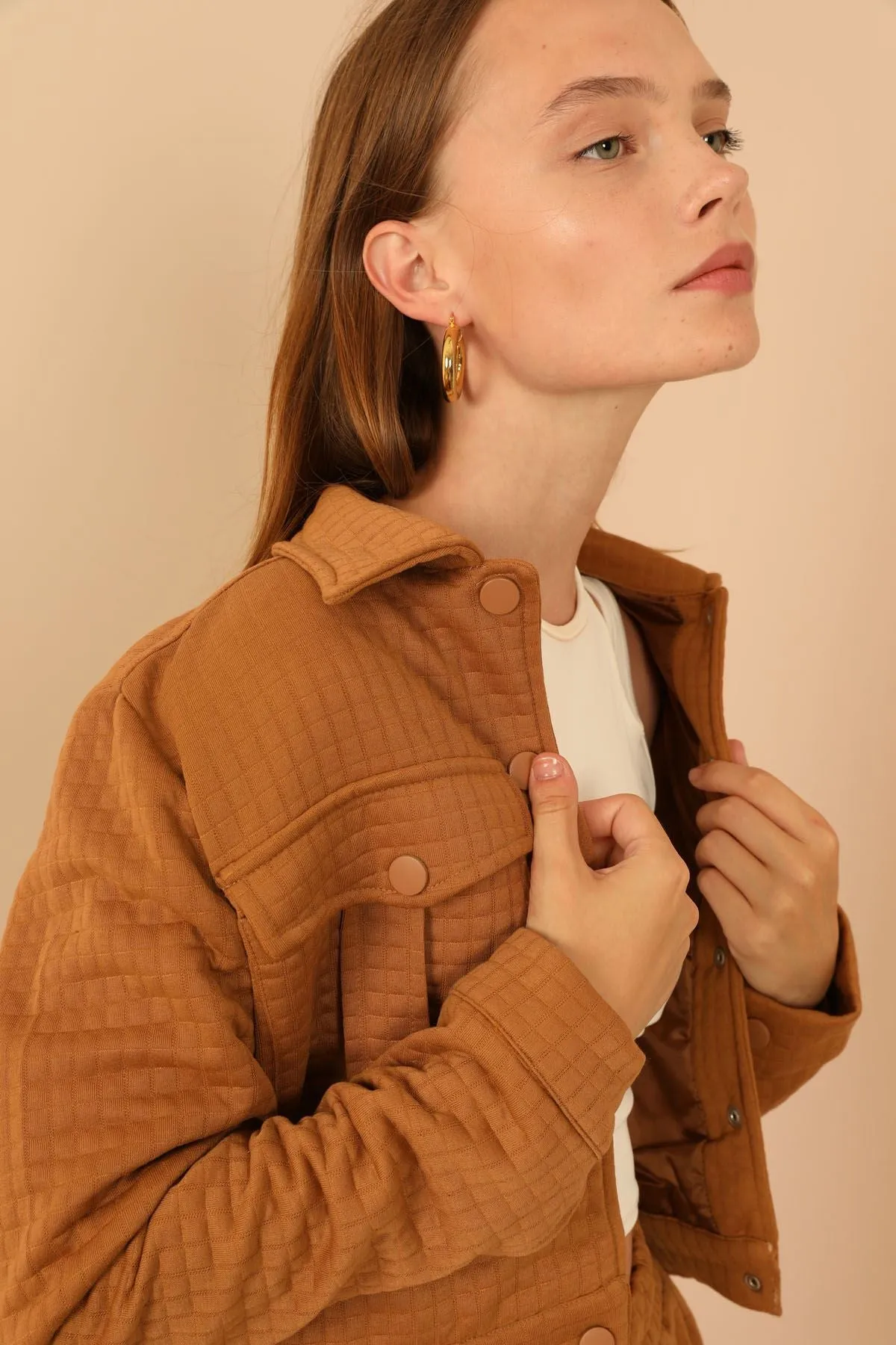 KKT Quilted Fabric Long Sleeve Shirt Collar Short Full Fit Button Up Women Jacket - Light Brown - North Brunswick