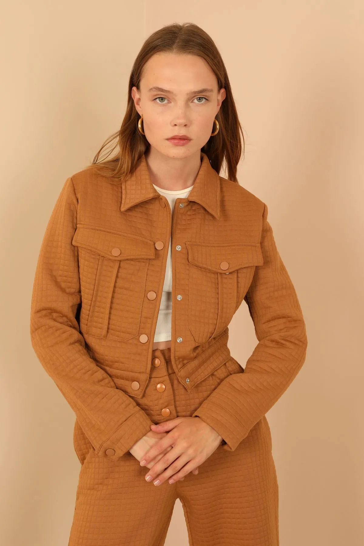 KKT Quilted Fabric Long Sleeve Shirt Collar Short Full Fit Button Up Women Jacket - Light Brown - North Brunswick