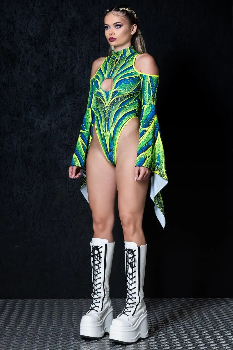 Luminous Fairy Cut Out Flare Sleeve Thong Bodysuit